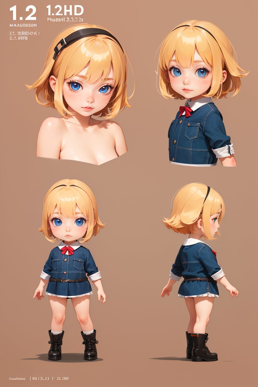 Reference sheet of a short-haired anime girl